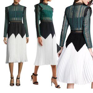 Self-Portrait Panelled Guipure Lace Pleated Midi Dress. Size 2